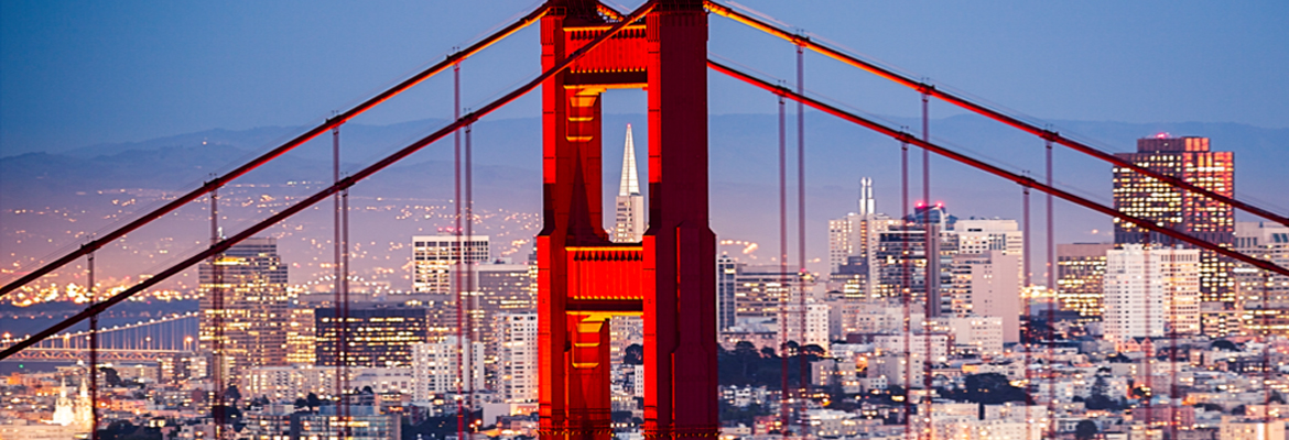 San Francisco evening skyline through Golden Gate Bridge