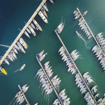 aerial view of marina full of boats